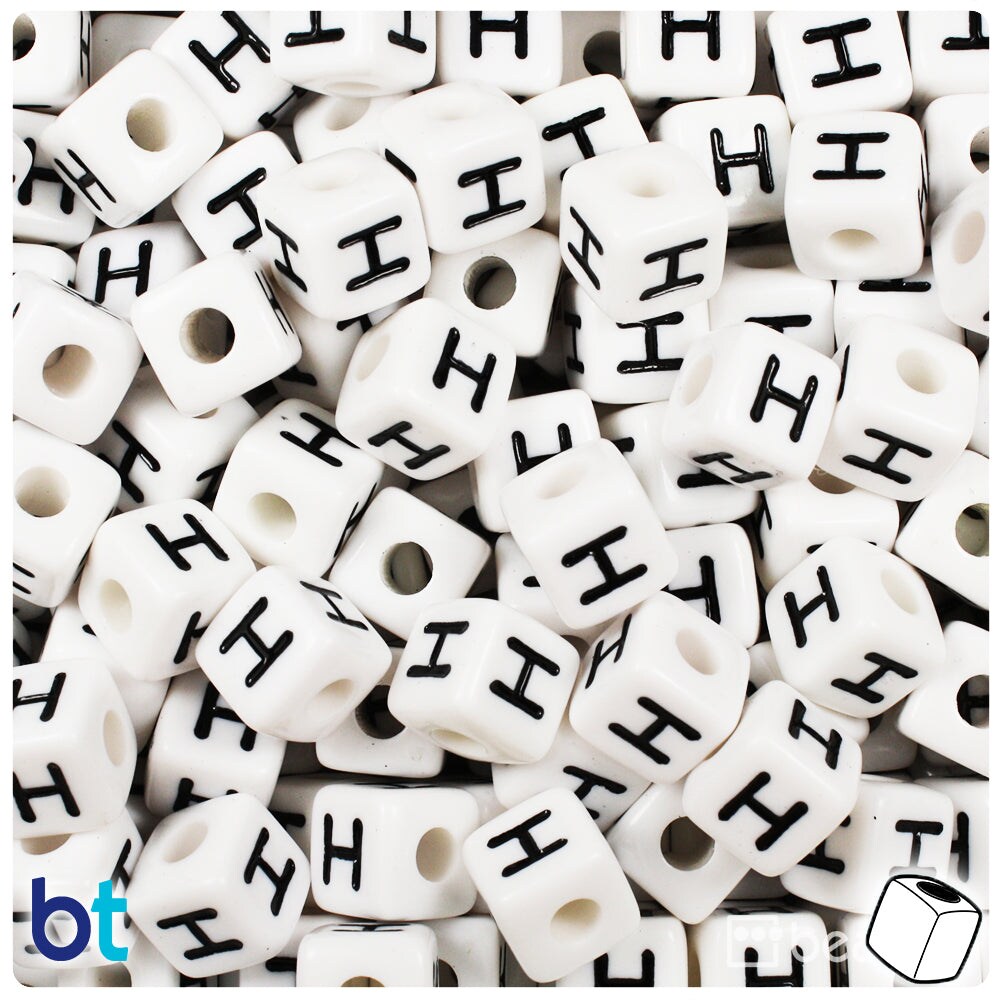 BeadTin White Opaque 10mm Cube Plastic Alpha Beads - Black Letter H (20pcs)