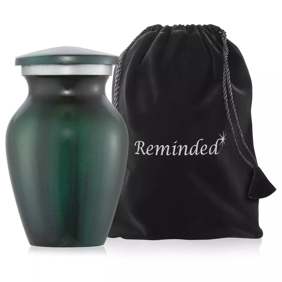 Small Mini Keepsake Cremation Urn for Human Ashes, Green with Velvet Case