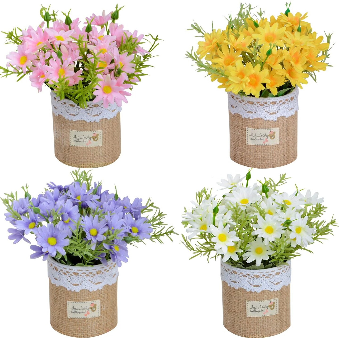 Set of 4 Mini Artificial Daisy Flowers in Pots – Faux Silk Floral Décor for Home & Office