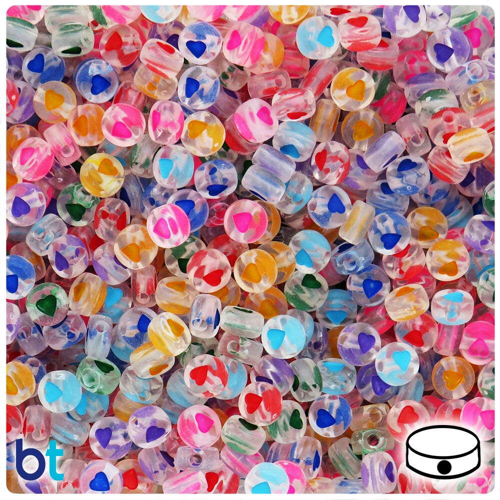 BeadTin Clear Transparent 7mm Coin Plastic Alpha Beads - Colored Hearts (250pcs)
