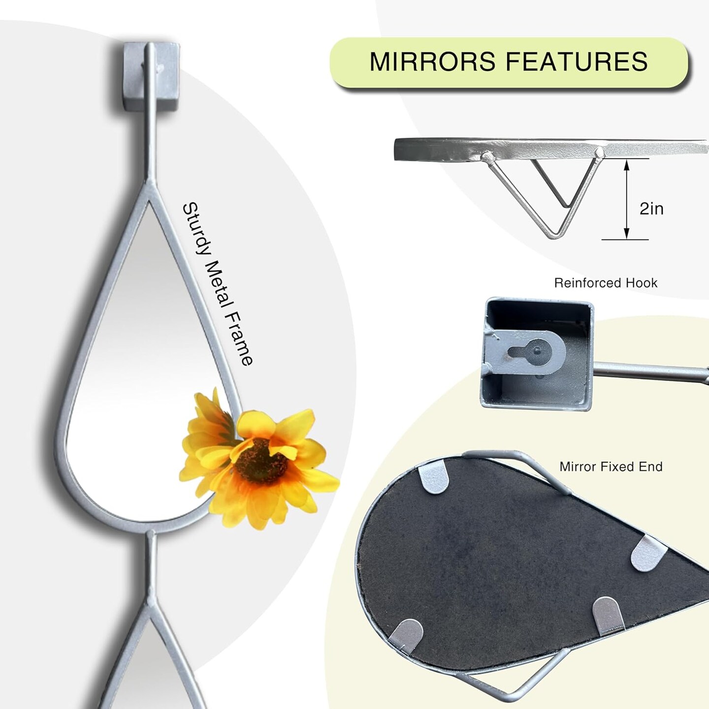 Wall Mirror Silver Decor Tear Drop Shape Metal Frame