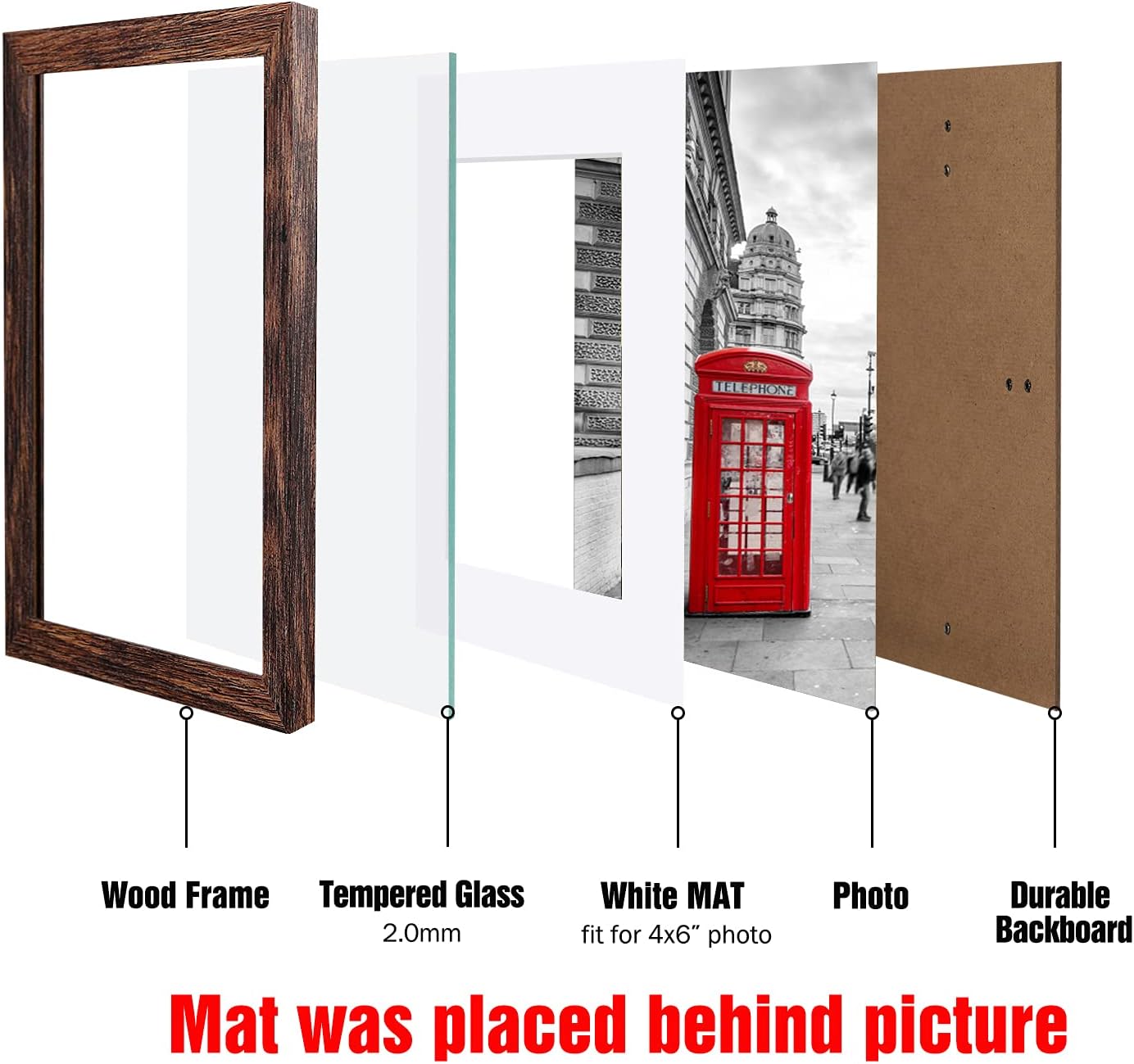 5x7 Picture Frame Distressed Farmhouse Wood Pattern Set of 4 with Tempered Glass