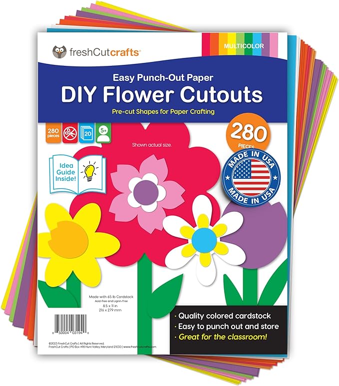 280 Pieces of DIY Flower Cutouts with IDEA Guide - 2-Sided Punch Out Tulips, Daisies, Daffodils, Flowers Ideal for Spring Craft Projects, and Mother&#x27;s Day DIY Gift Craft