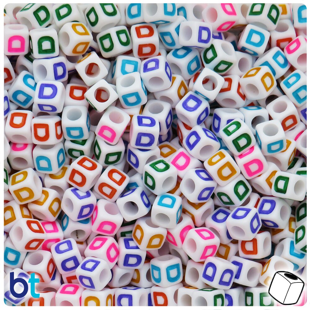 BeadTin White Opaque 7mm Cube Plastic Alpha Beads - Colored Letter D (75pcs)