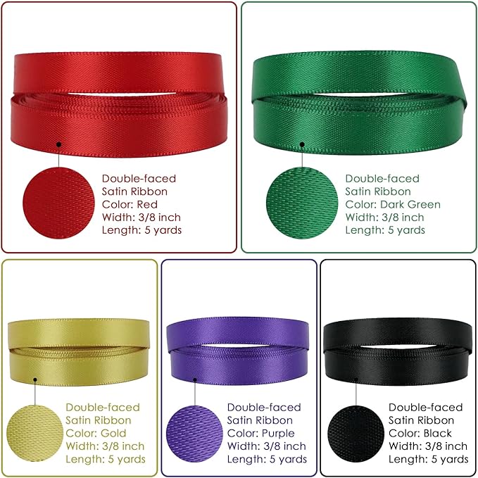 Rainbow Ribbon Set Solid Color Assortment 10 Colors Double Faced Satin Ribbon for Gift Wrapping Double Sided Christmas Ribbon Party Decorations, 3/8" X 5 Yard Each Total 50 Yds Per Package