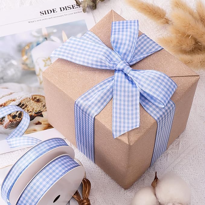 Gingham Ribbon Checkered Ribbon 1-Inch Wide Taffeta Plaid Ribbon 25 Yard Long 100% Polyester Woven Edge (Light Blue, 1 Inch)