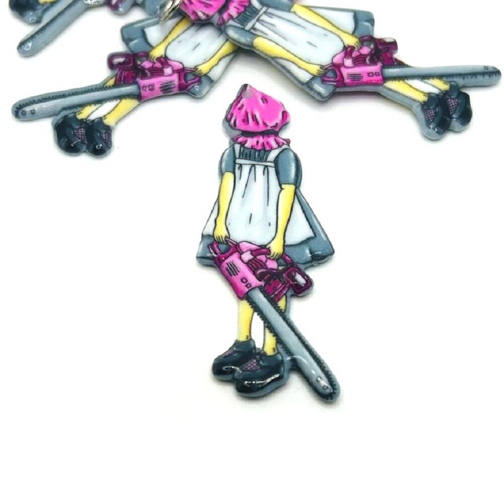 1, 4 or 20 Pieces: Pink Goth Girl with Chainsaw Halloween Charms - Double Sided