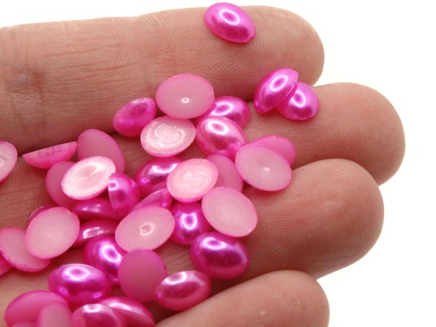 100 8mm x 6mm Bright Pink Pearl Plastic Flatback Oval Cabochons