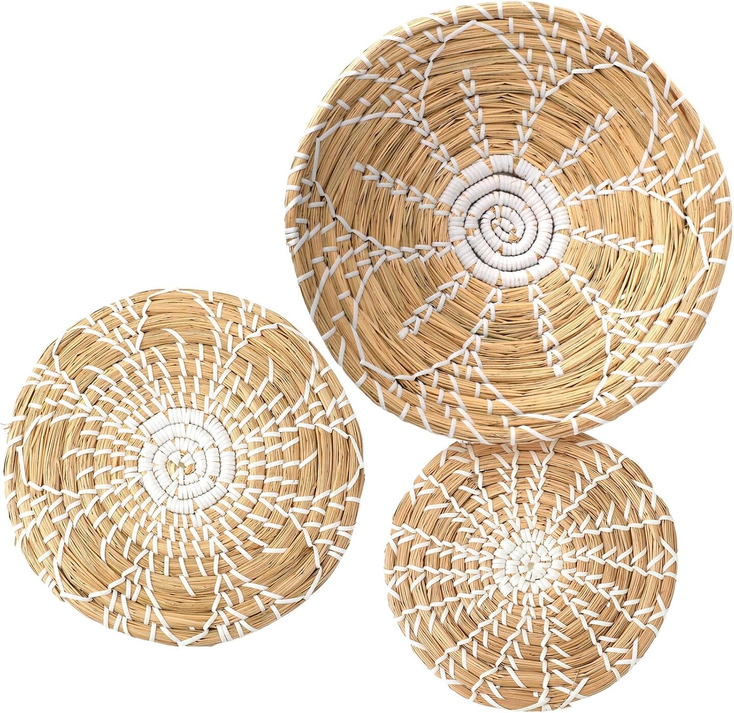 Boho Wall Basket Decor Set of 3 Decorative Bulrush Woven Basket Wall Decor Set Rustic Hanging Handmade Round Woven Decoration with African Design for Living Room Bedroom Farmhouse Gift Idea(Bright)