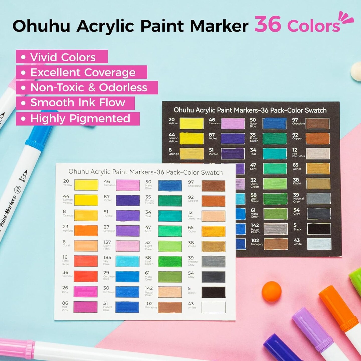 Ohuhu Acrylic Paint Markers Cotton-core: 36 Colors Dual Tips Paint Pens High Opacity Acrylic Markers Waterproof Lightfast for Rock Painting Easter Eggs Wood Glass Ceramic Canvas- Brush &#x26; Dot/ Fine &#x26; Dot/ Brush &#x26; Fine