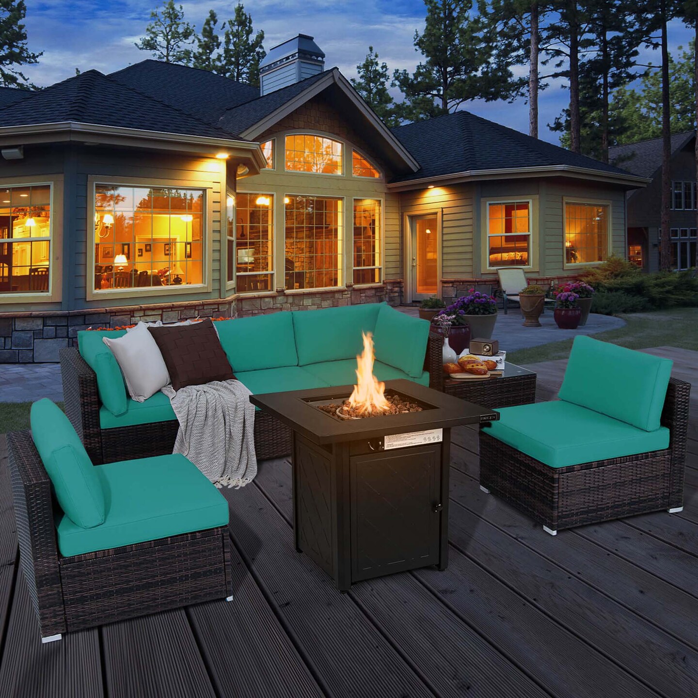 Costway 7 PCS Patio Furniture Set with 28" 50000 BTU Propane Gas Fire Pit Table Cushions Red/Turquoise/Off White