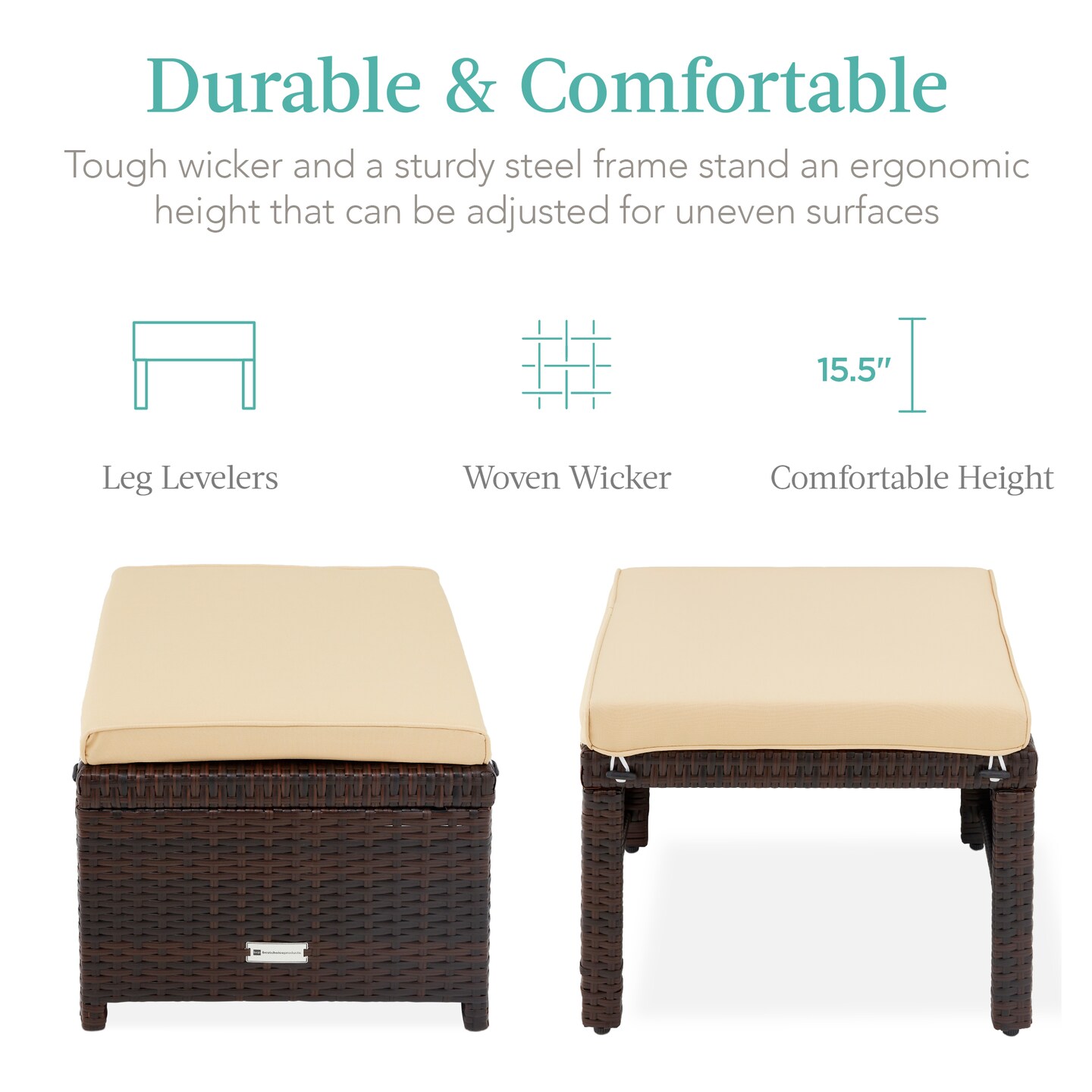 Best Choice Products Set of 2 Multipurpose Patio Wicker Ottomans w/ Removable Cushions, Steel Frame