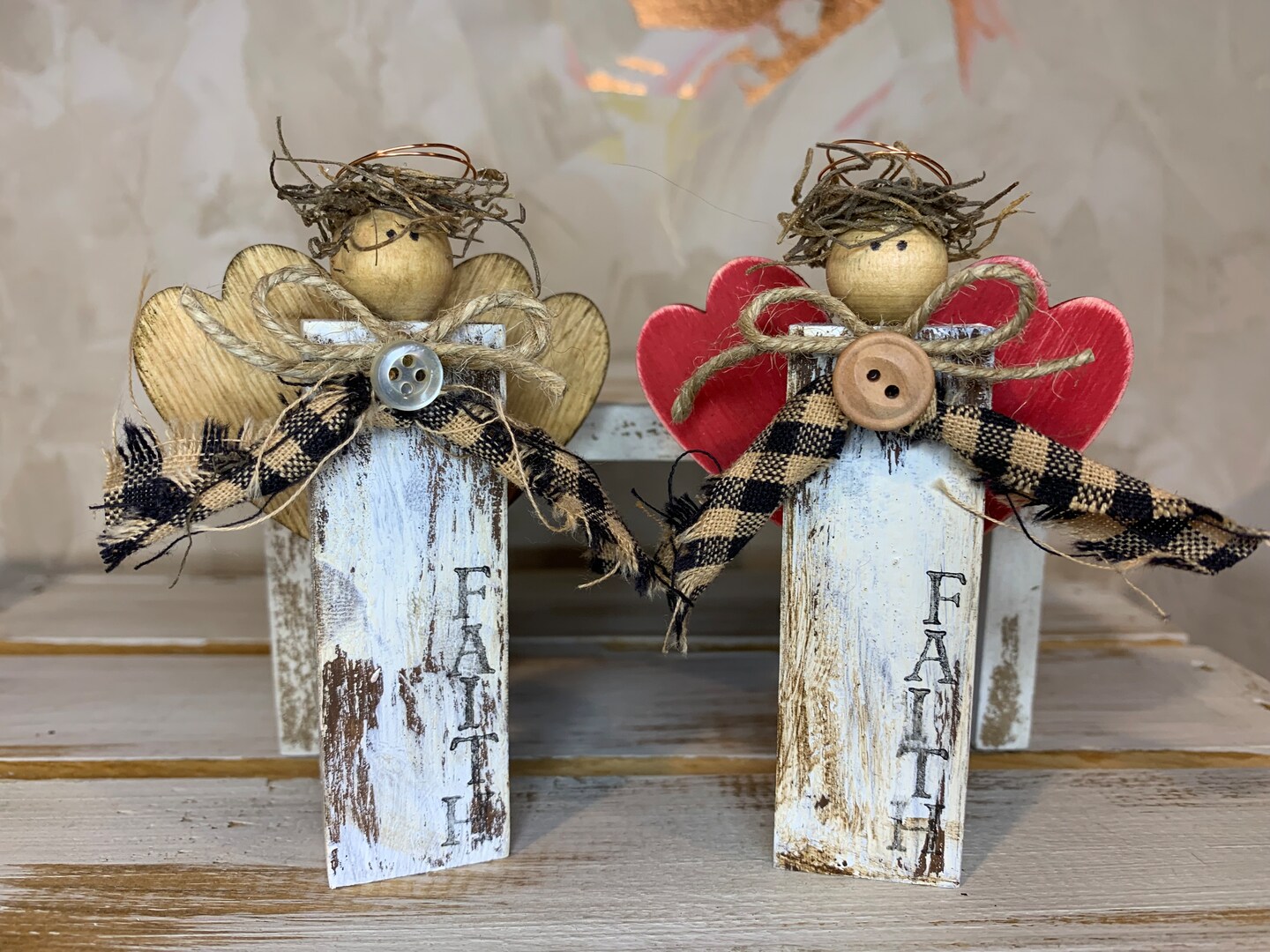 Rustic Small Wood Block Angel with Heart Wings; Stamped Love