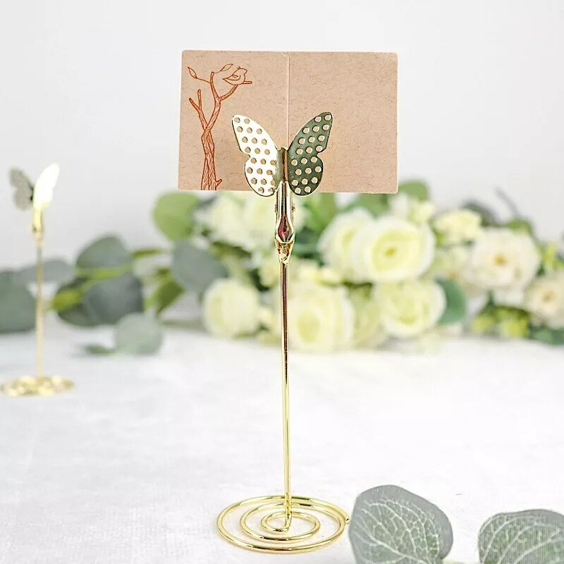 5 Gold 5&#x22; Metal Table Number Sign Holder Stands Butterfly PLACE CARD Clips Party