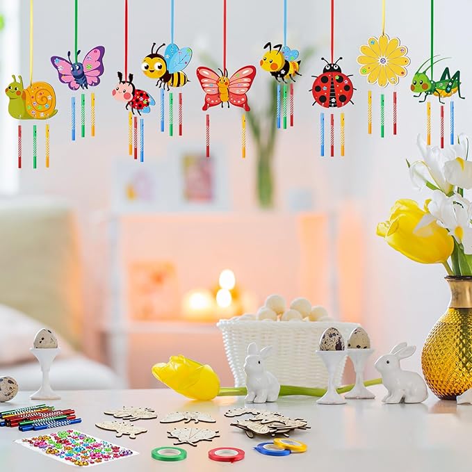 24 Sets Spring Craft Set Butterfly Bee Flower Wind Chime Kit Make Your Own Spring Gifts DIY Coloring Wooden Decoration for Spring Themed Party Supplies