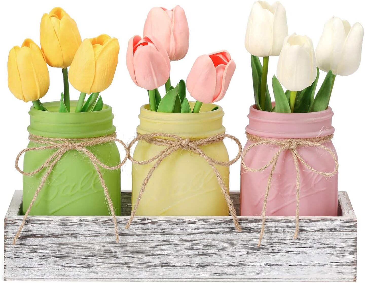 Spring Decorations, Spring Mason Jar Centerpiece for Table with Wood Tray & Artificial Tulips