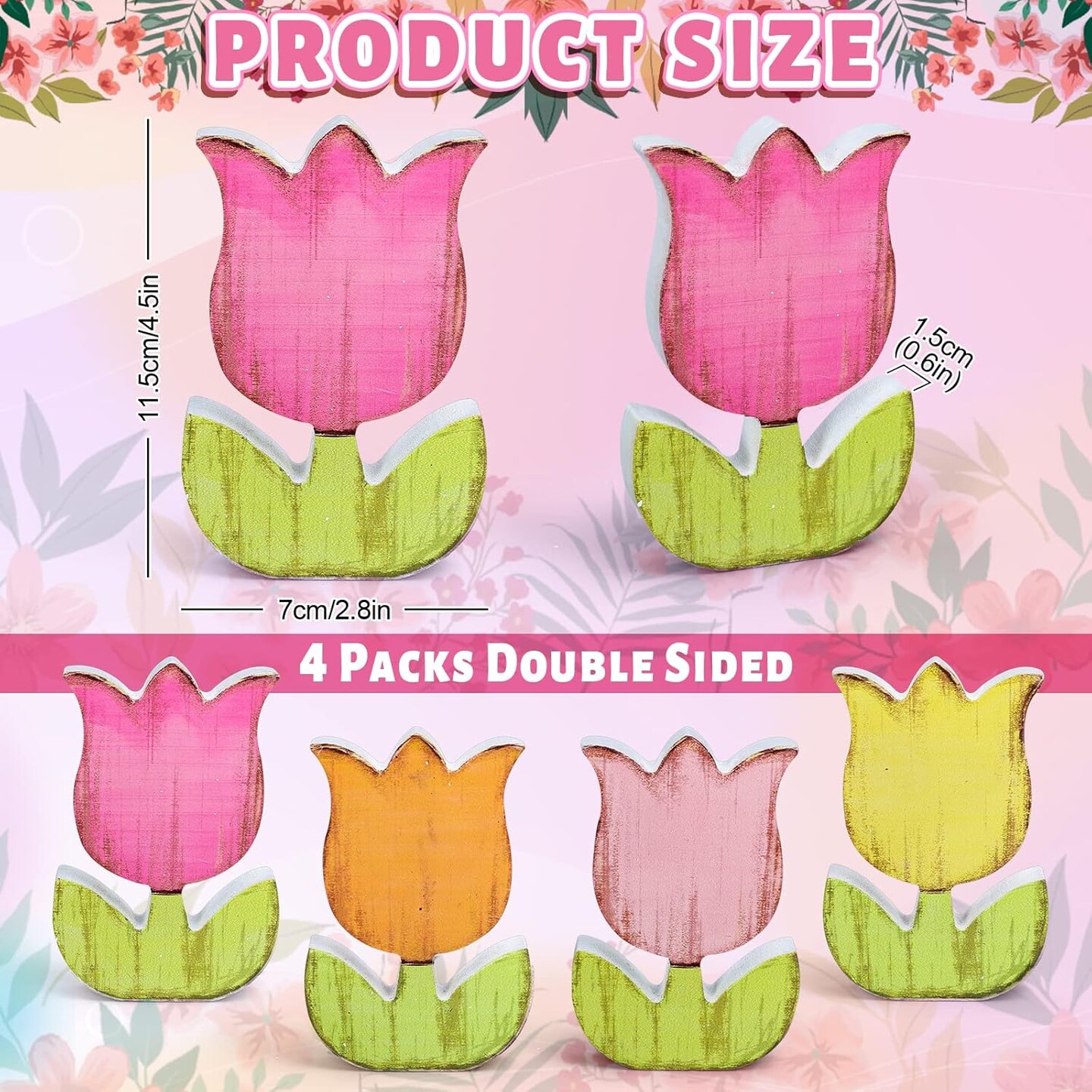 4Pcs Spring Tulips Wood Signs Rustic Farmhouse Tulip Flowers Table Decoration