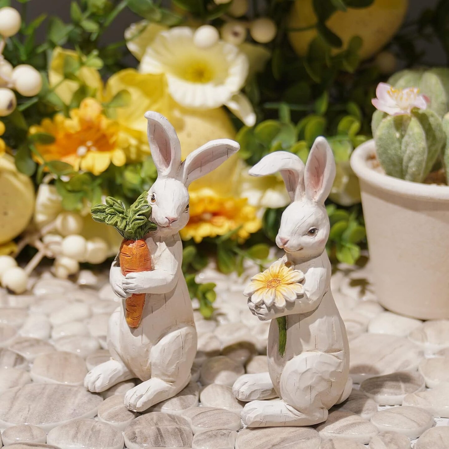 2-Piece Spring Bunny Figurine Set – 4.5" Resin Rabbits with Carrot and Flower, Tabletop Easter and Spring Décor for Home or Farmhouse Centerpieces