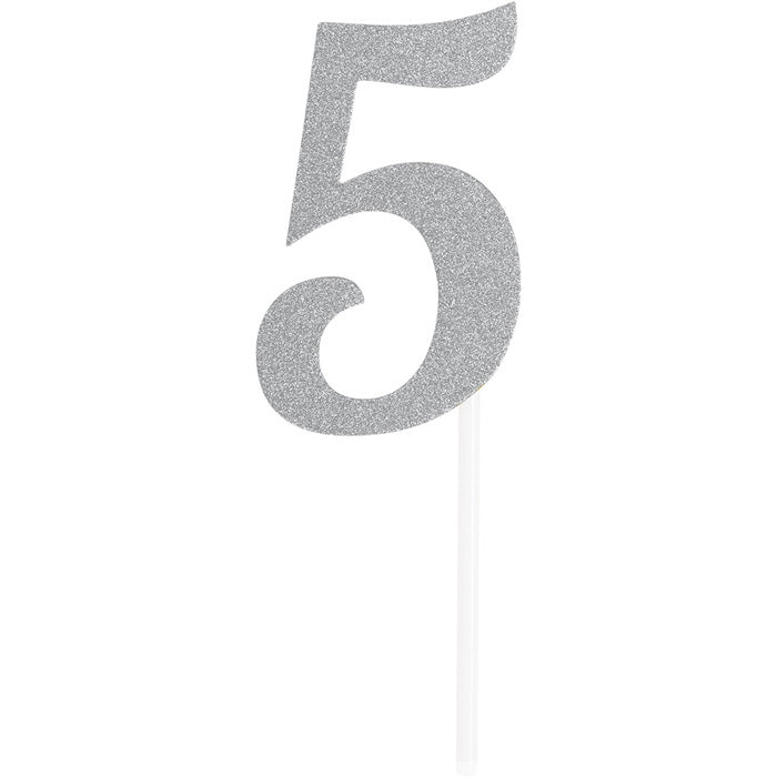 Bulk Pack of 2 Number 5 Silver Glitter Cake Toppers