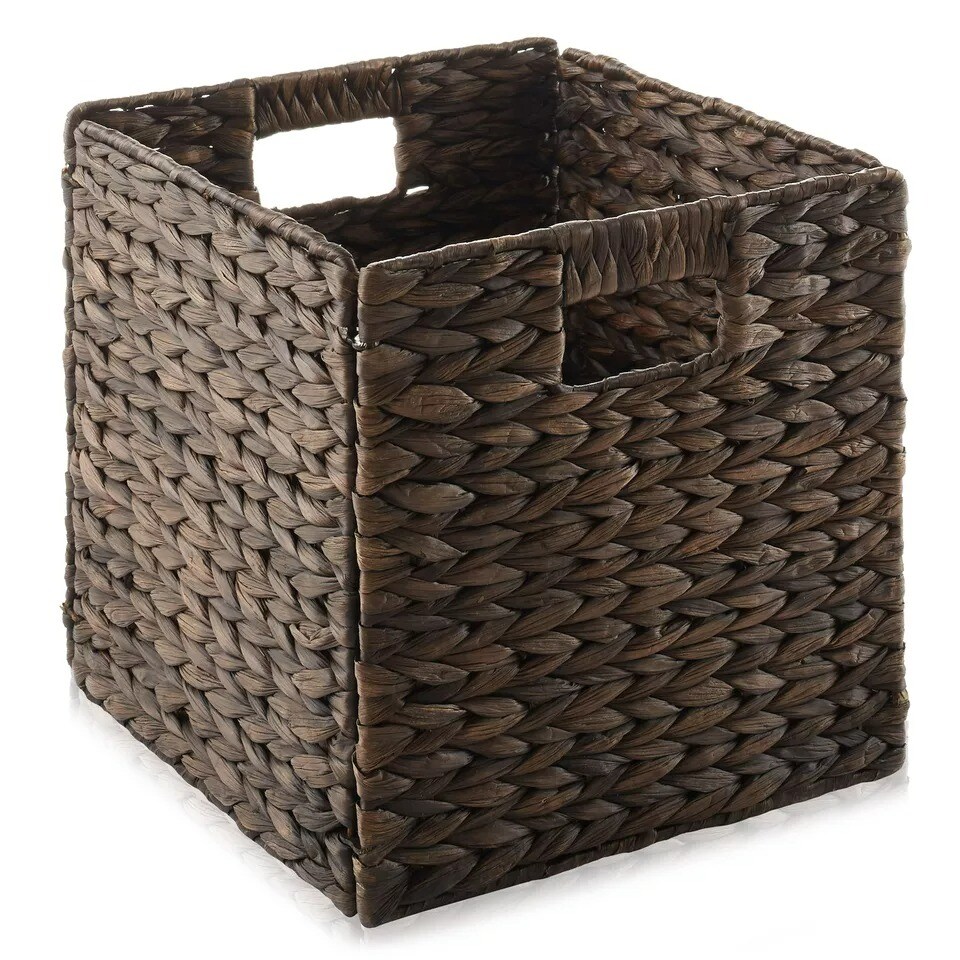Set of 2 Hyacinth Storage Cubes, 10.5&#x22; Wicker Basket Bins for Shelves, Espresso