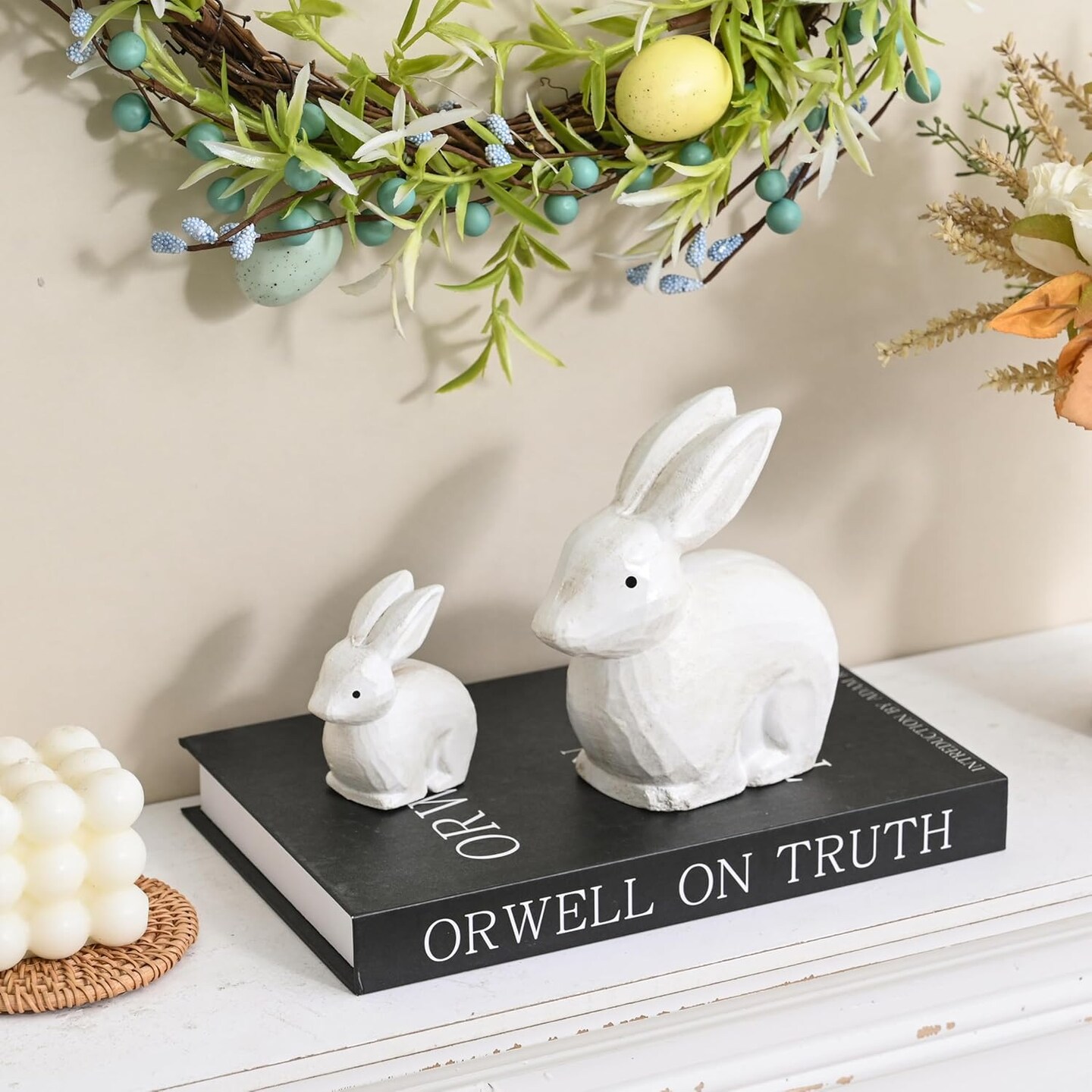 Wooden Rabbit Decor, White Bunny Decor Rabbit Figurines Set of 2