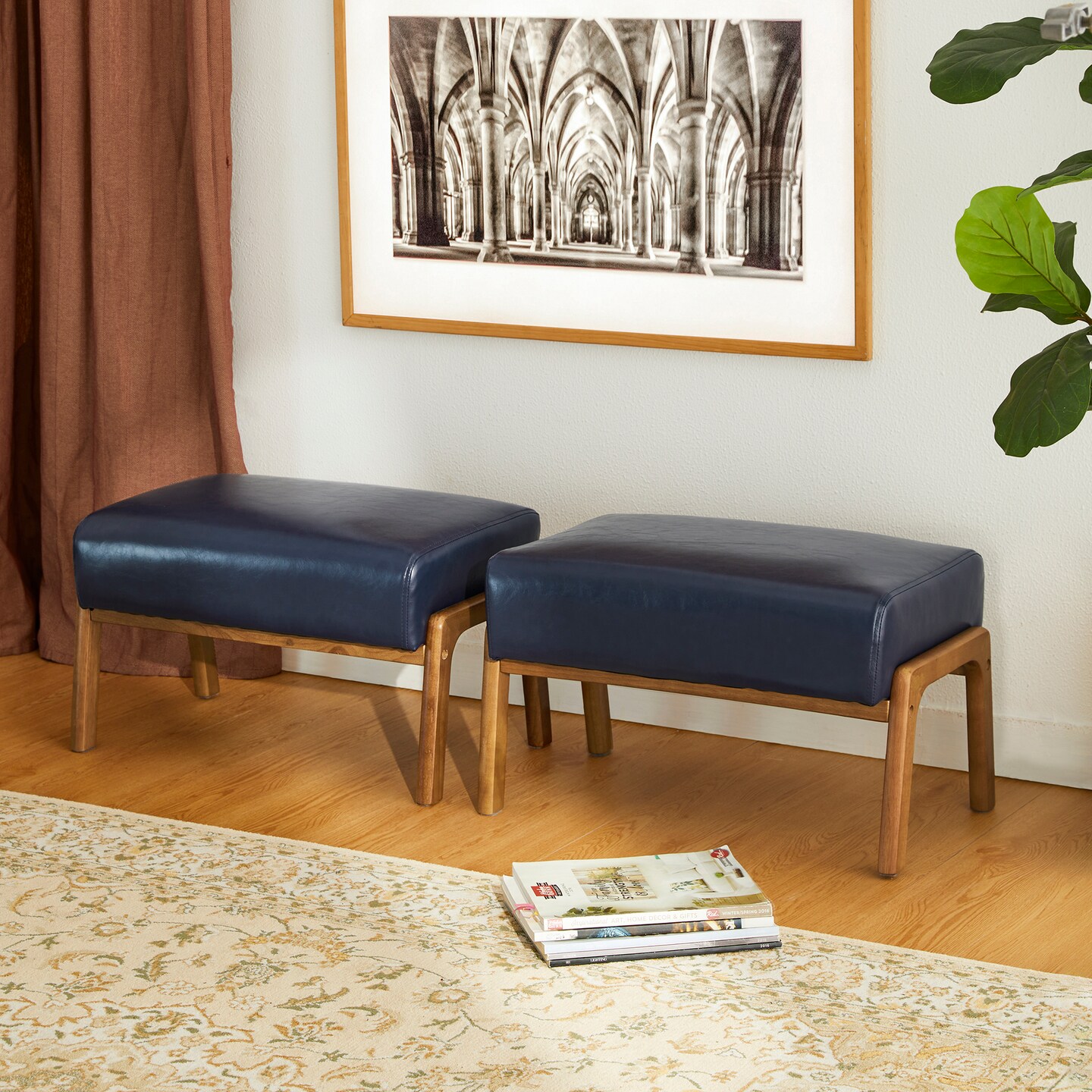 Mid-century Modern Leatherette Accent Stool with Walnut Rubberwood Legs