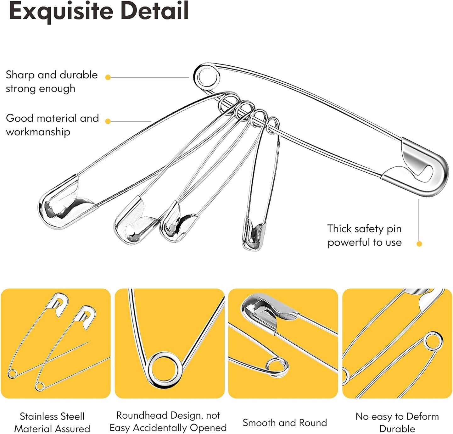 Safety Pins Assorted, 5 Different Sizes Small and Large Pin