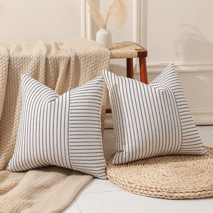 Black and Beige Patchwork Farmhouse Throw Pillows Covers 18 x 18 Inch, Pack of 2 Striped Decorative Pillow Case for Sofa Couch Bed Chair Modern Boho Decor(Black)
