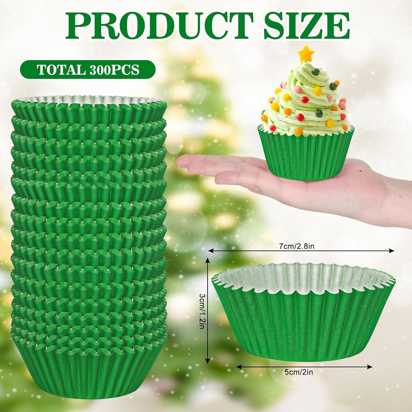 300Pcs Green Cupcake Liners Christmas Green Baking Cups Standard Muffin Cupcake Wrappers for Spring Xmas Holiday Party Supplies