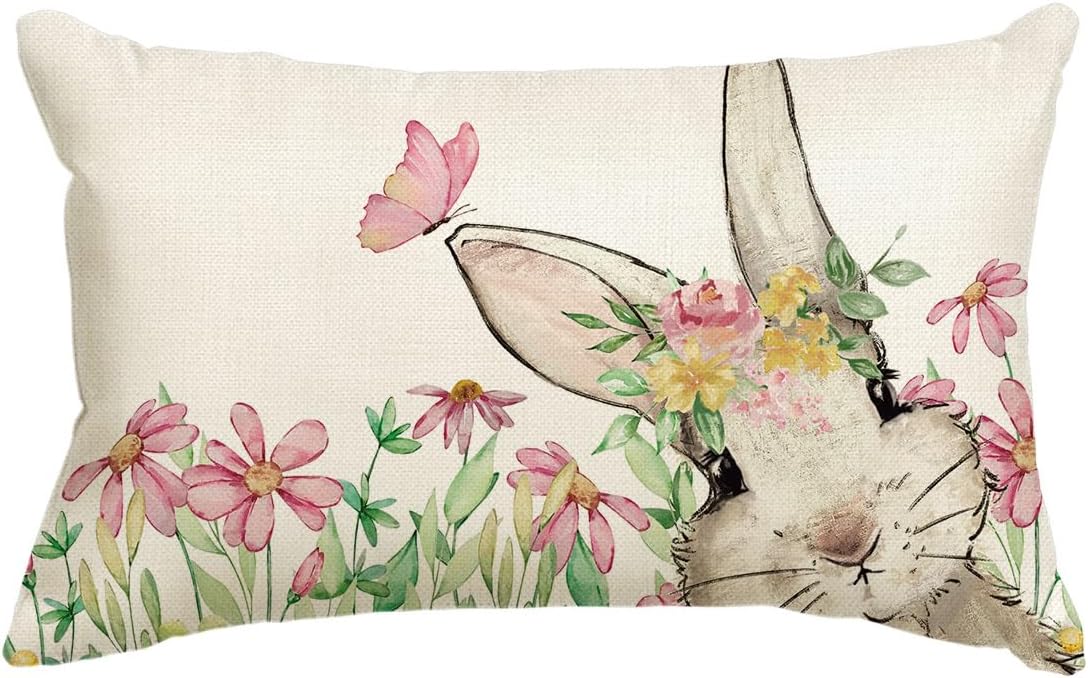 Easter Bunny Throw Pillow Cover &#x2013; 12x20&#x22; Spring Rabbit Cushion Case