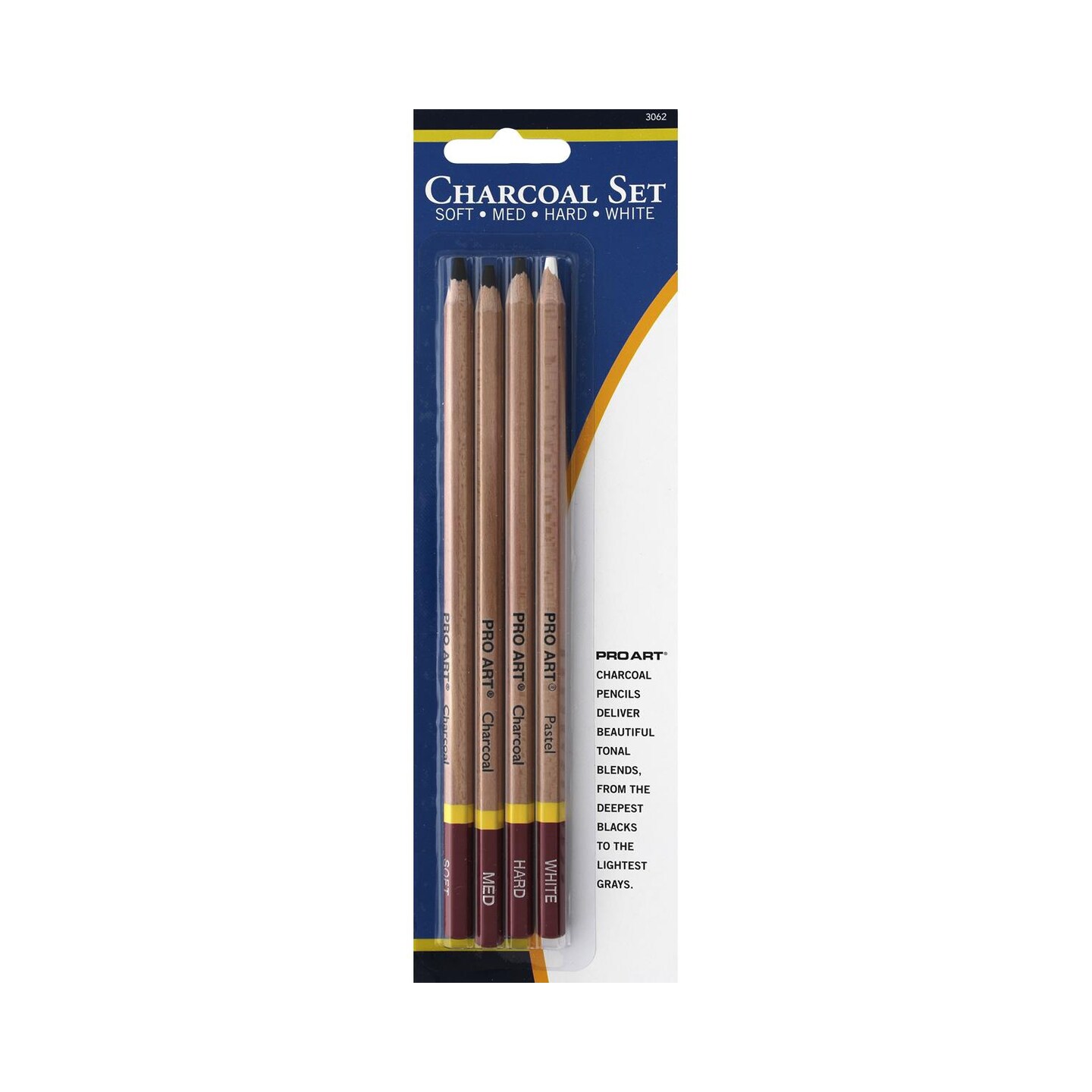 Pro Art Charcoal Pencil Set 3 Degree/White 4pc Carded, Sketching &#x26; Drawing Pencils for Artists, Includes Graphite &#x26; Charcoal Pencils, Art Pencil Set for Shading &#x26; Outlining