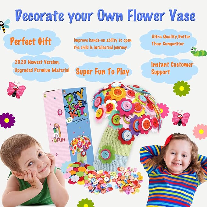 Flower Craft Kit for Kids - Make Your Own Flower Bouquet with Buttons and Felt Flowers, Vase Art Toy &#x26; Craft Project for Children, DIY Activity Gift for Boys &#x26; Girls Age 4 5 6 7 8 9 Year Old