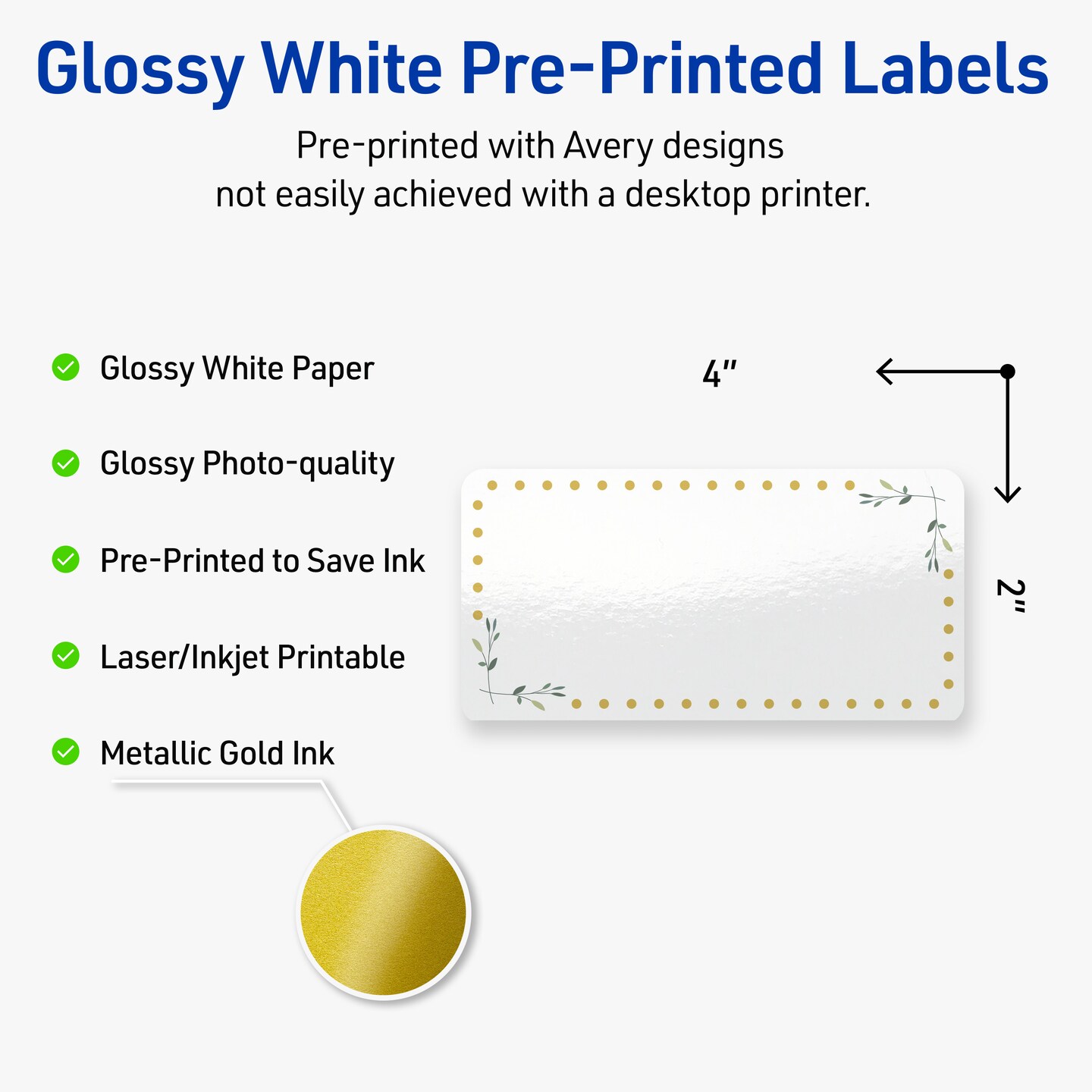 Avery Printable Rectangle Labels, Gold Dots with Green Florals, 2&#x22; x 4&#x22;, Glossy White Rectangle Labels, Permanent, Laser/Inkjet, 100ct, Great for Product Labels