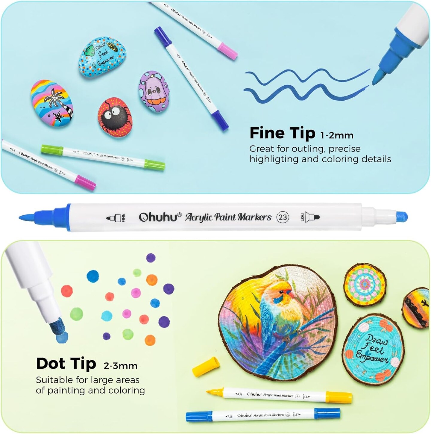 Ohuhu Acrylic Paint Markers Cotton-core: 36 Colors Dual Tips Paint Pens High Opacity Acrylic Markers Waterproof Lightfast for Rock Painting Easter Eggs Wood Glass Ceramic Canvas- Brush &#x26; Dot/ Fine &#x26; Dot/ Brush &#x26; Fine