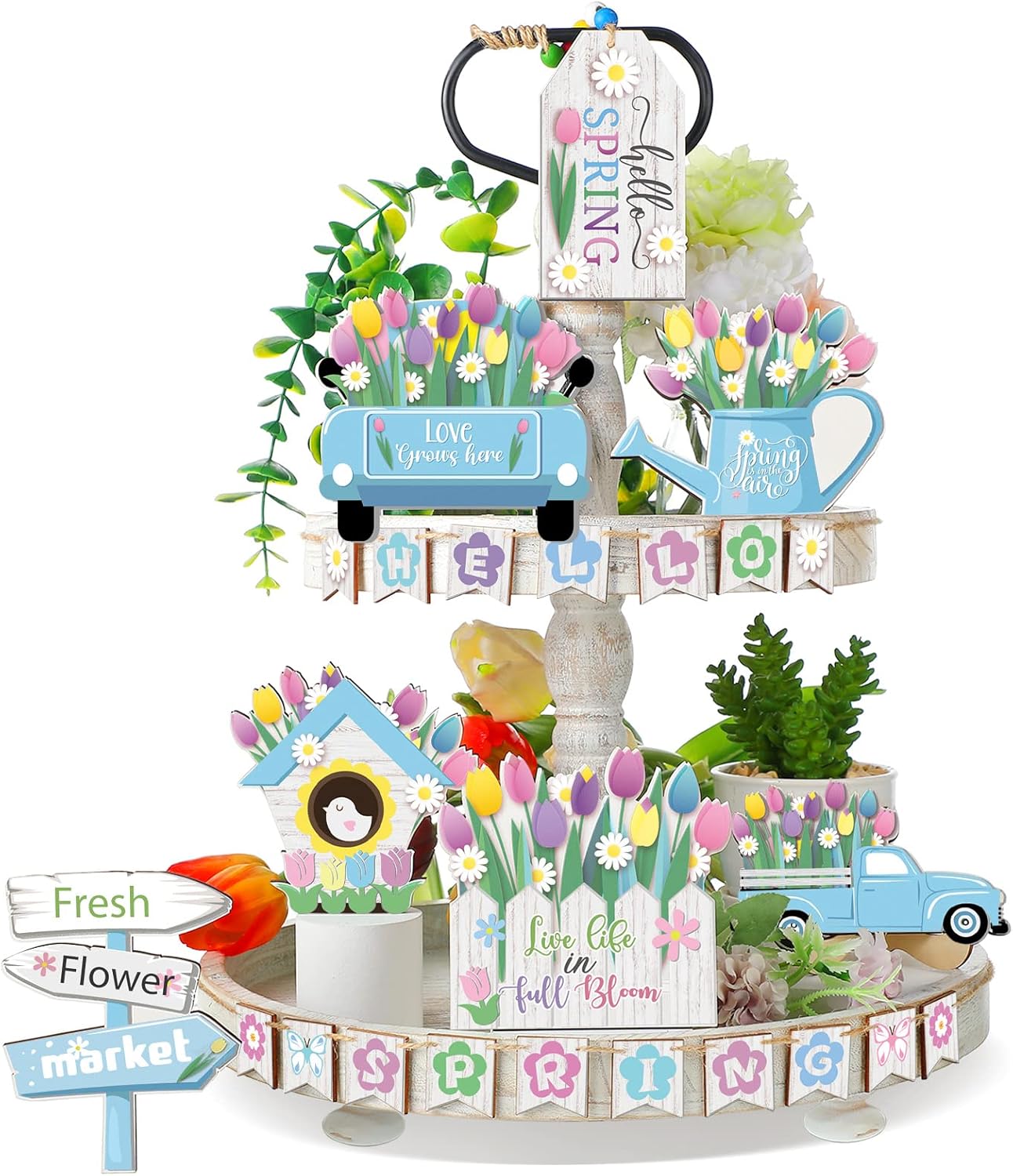 Hello Spring Tiered Tray Decor Tulips Table Wooden Sign Decorations
