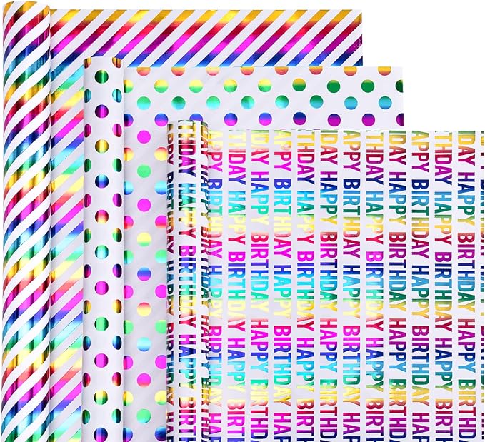 Birthday Wrapping Paper Roll - Mini Roll - 3 Rolls - 17 inch x 120 inch Per roll - Colorful Foil Birthday Design for Party, Holiday, Baby Shower