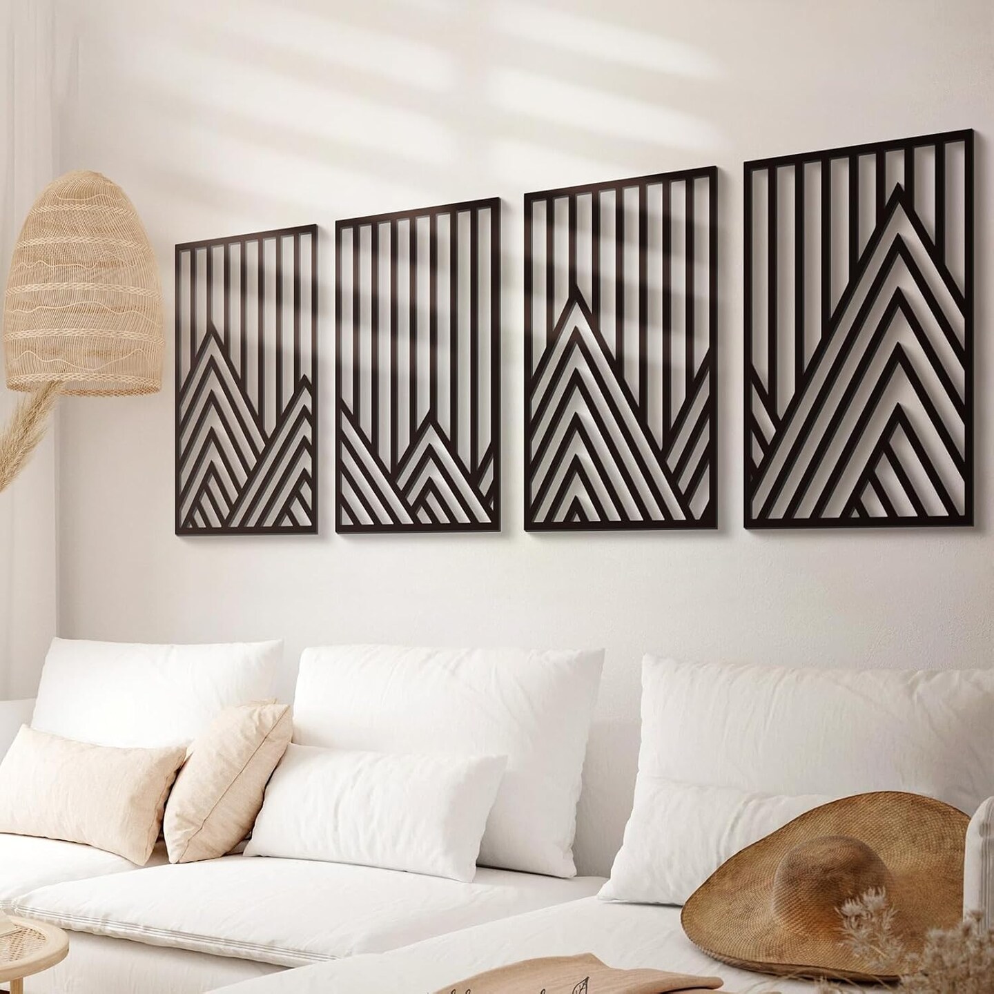 4 Pcs Black Abstract Mountain Line Metal Wall Art, 17 x 12'' Minimalist Décor Single Line Art Wall Décor, 3D Textured Sculptures, Decorative Forest Nature Abstract Line Minimalist Wall Décor Hanging for Living Room Bedroom Bathroom Study(Black, M Siz