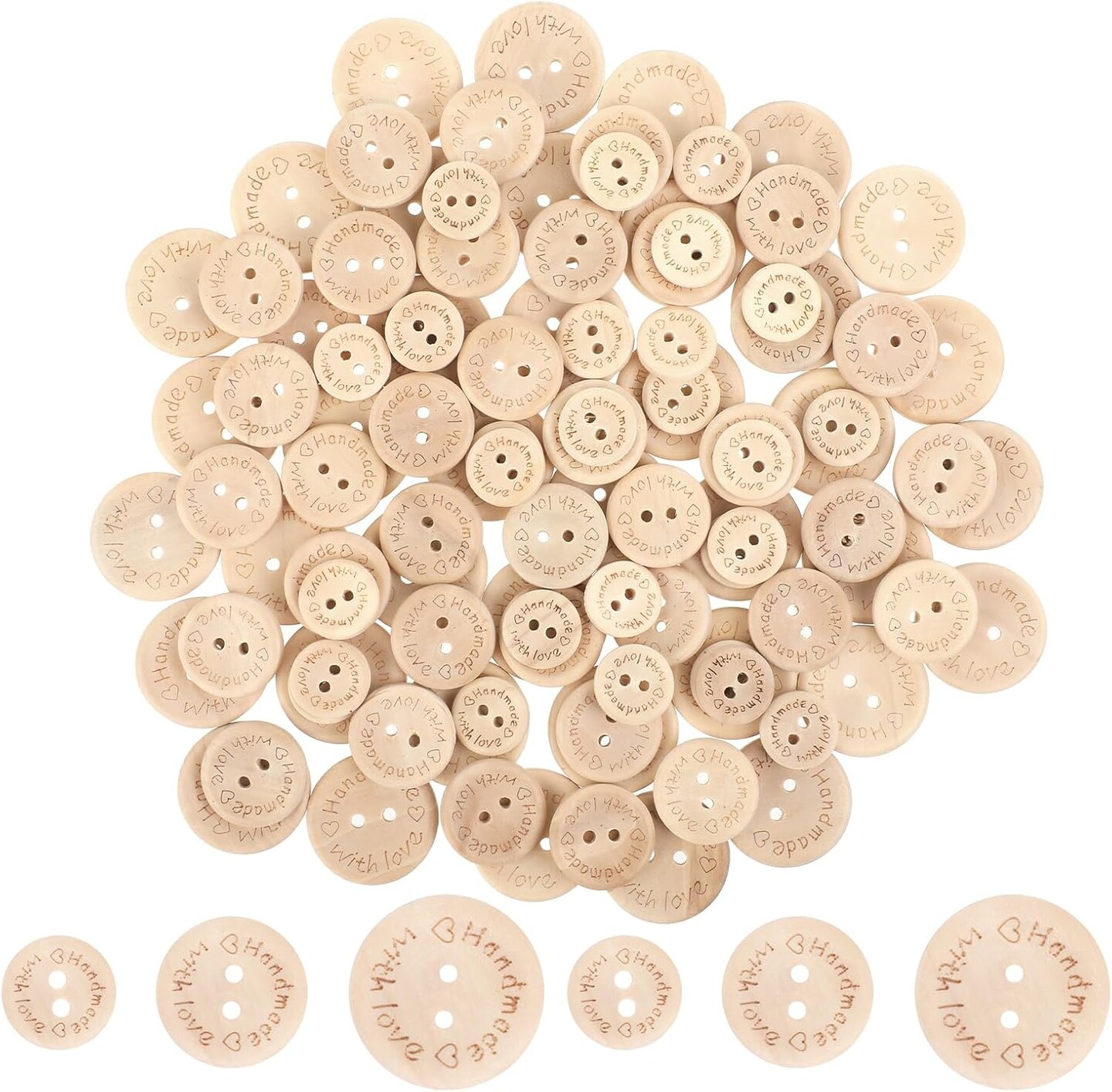 150 PCS Wooden Handmade Buttons, 2 Holes Sewing Buttons with Love