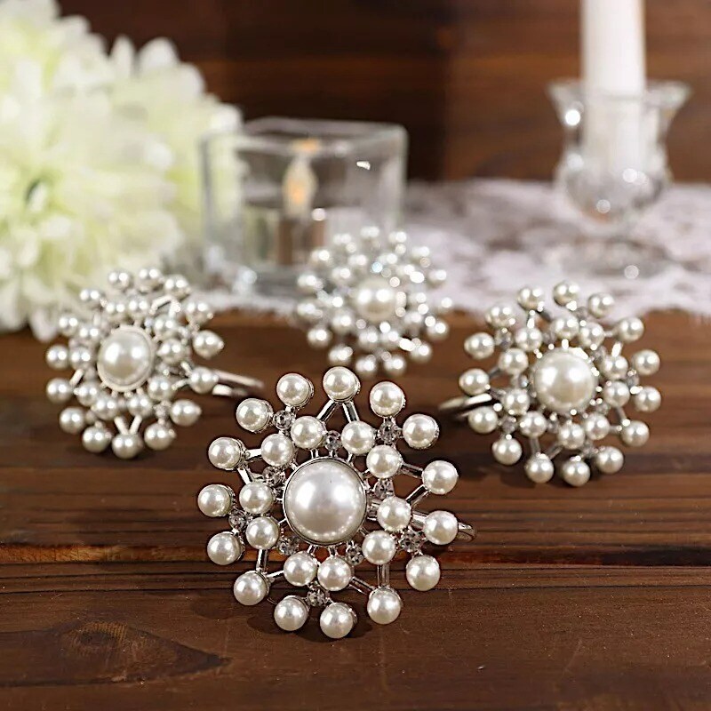 4 Silver White Round Metal Dinner NAPKIN RINGS Faux Pearls Rhinestones Party