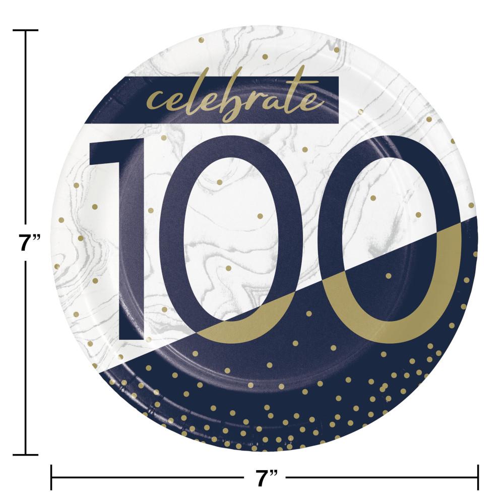Bulk Pack of 24 Navy &#x26; Gold Milestone Paper Dessert Plates &#x22;100&#x22;