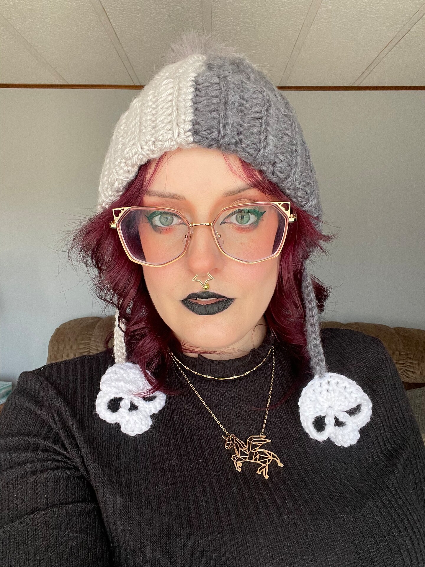 Crochet Skull Tassel Pom Pom Beanie - two tone gray alternative