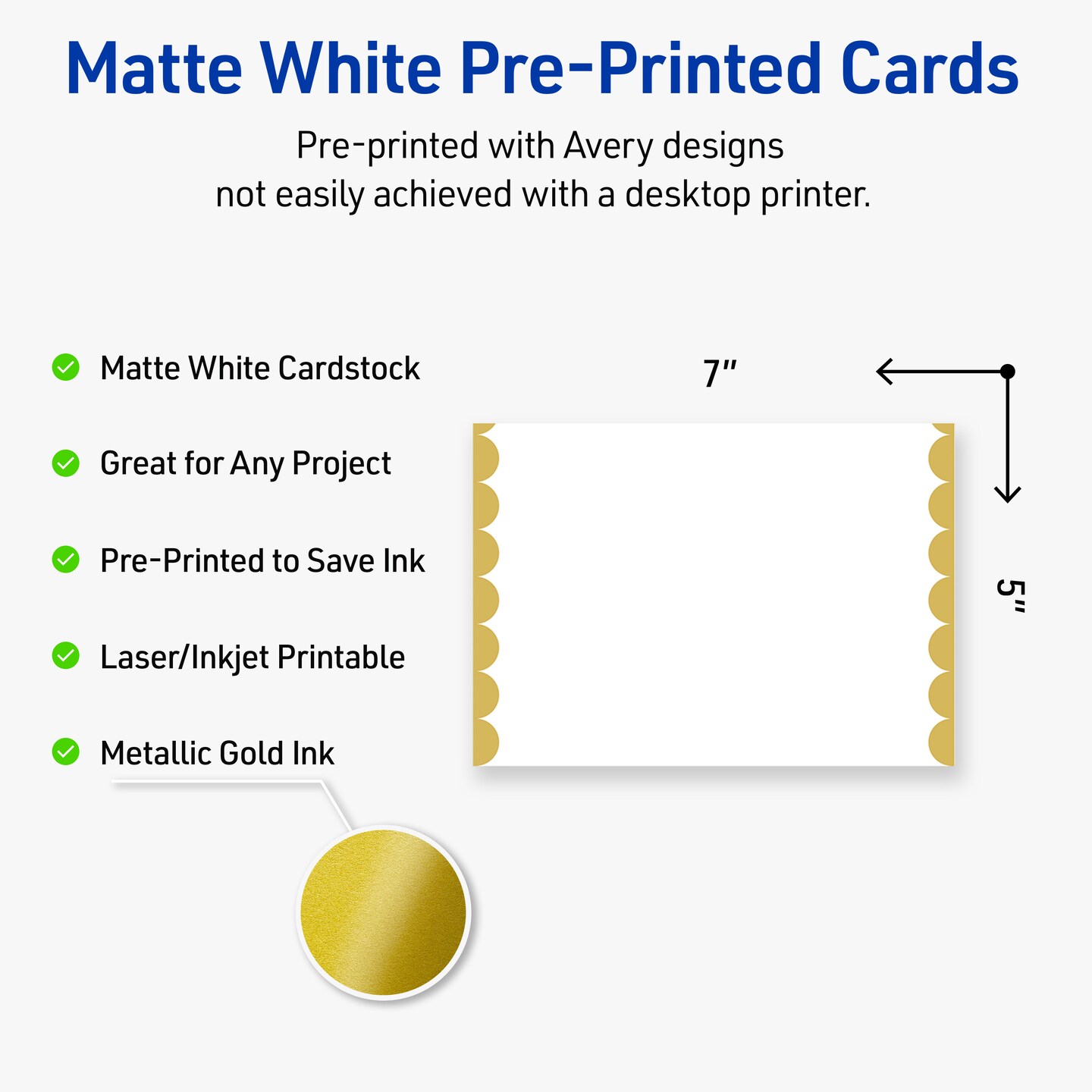 Avery Printable Rectangle Invitation Cards, Gold Edge Dots, 5&#x22; x 7&#x22;, Matte White Rectangle Invitation Cards, Laser/Inkjet, 20ct, Great for Invitation Cards
