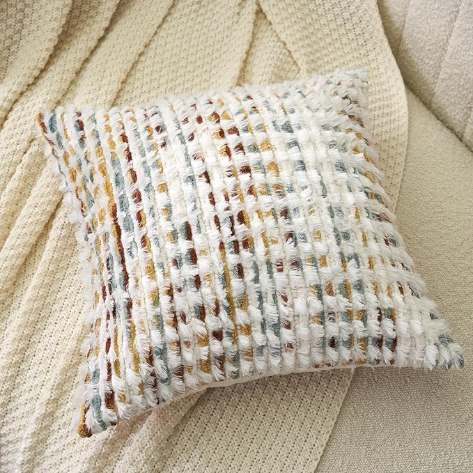 Boho Chenille Tufted Pillow Cover 18x18 Inch, Decorative Square Throw Pillow Cover Neutral Pillowcase for Couch Bedroom Living Room, Orange White