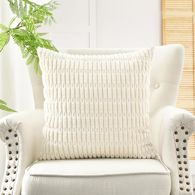 Throw Pillow Covers Pack of 2 Comfy Corduroy Boho Striped Decorative Cushion Cases for Couch Sofa Bed Farmhouse 18 X 18 Inches Beige