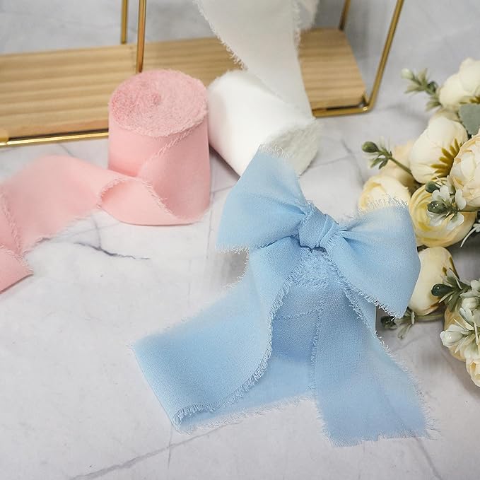 Frayed Chiffon Ribbon 2 inch x 8 Yards x 3 Rolls Light Blue White Pink for Christmas Home Decor Gift Wrapping DIY Crafts Wedding Invitation Bouquets