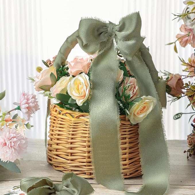 Sage Green Silk Ribbon 1 1/2" x 20 Yard Frayed Edge Light Green Satin Ribbon for Gift Wrapping Party Wedding Invitation Flower Bouquet Holiday Decor