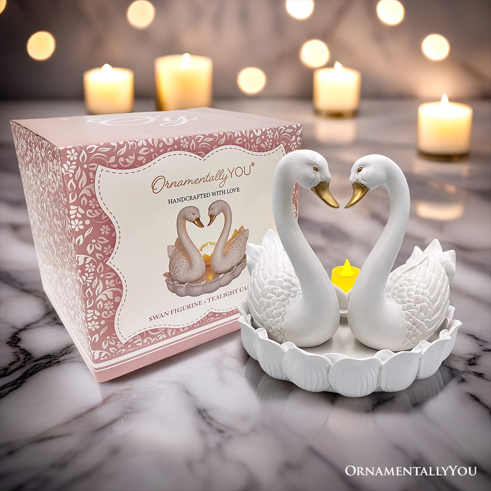 Elegance in Union Swan Figurine and Tealight Candle, 7&#x22; Romantic Couples Gift for Valentine or Anniversary