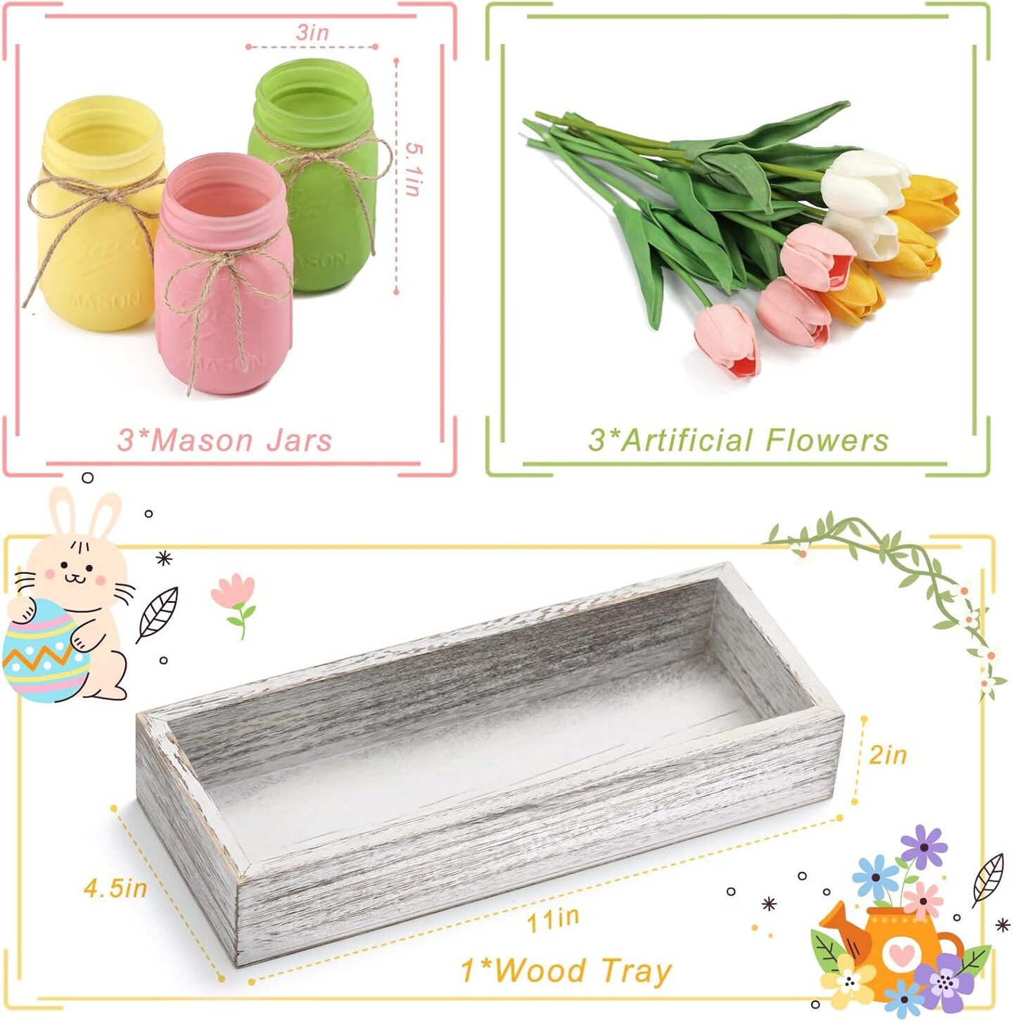 Spring Decorations, Spring Mason Jar Centerpiece for Table with Wood Tray & Artificial Tulips