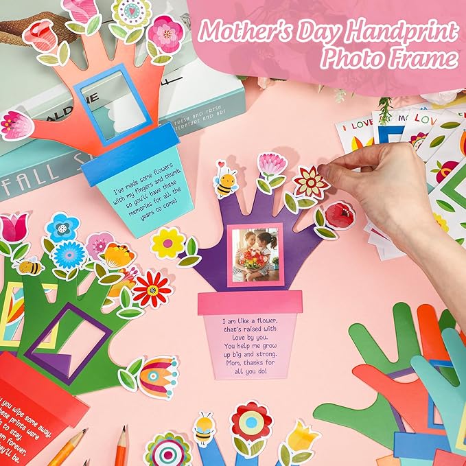 96 Pcs Spring Hand Picture Frame Crafts DIY Handprint Flower Pot Hand Keepsake Picture Frame Craft Gifts with Flower Stickers for Spring Mother&#x27;s Day Party Home Activities