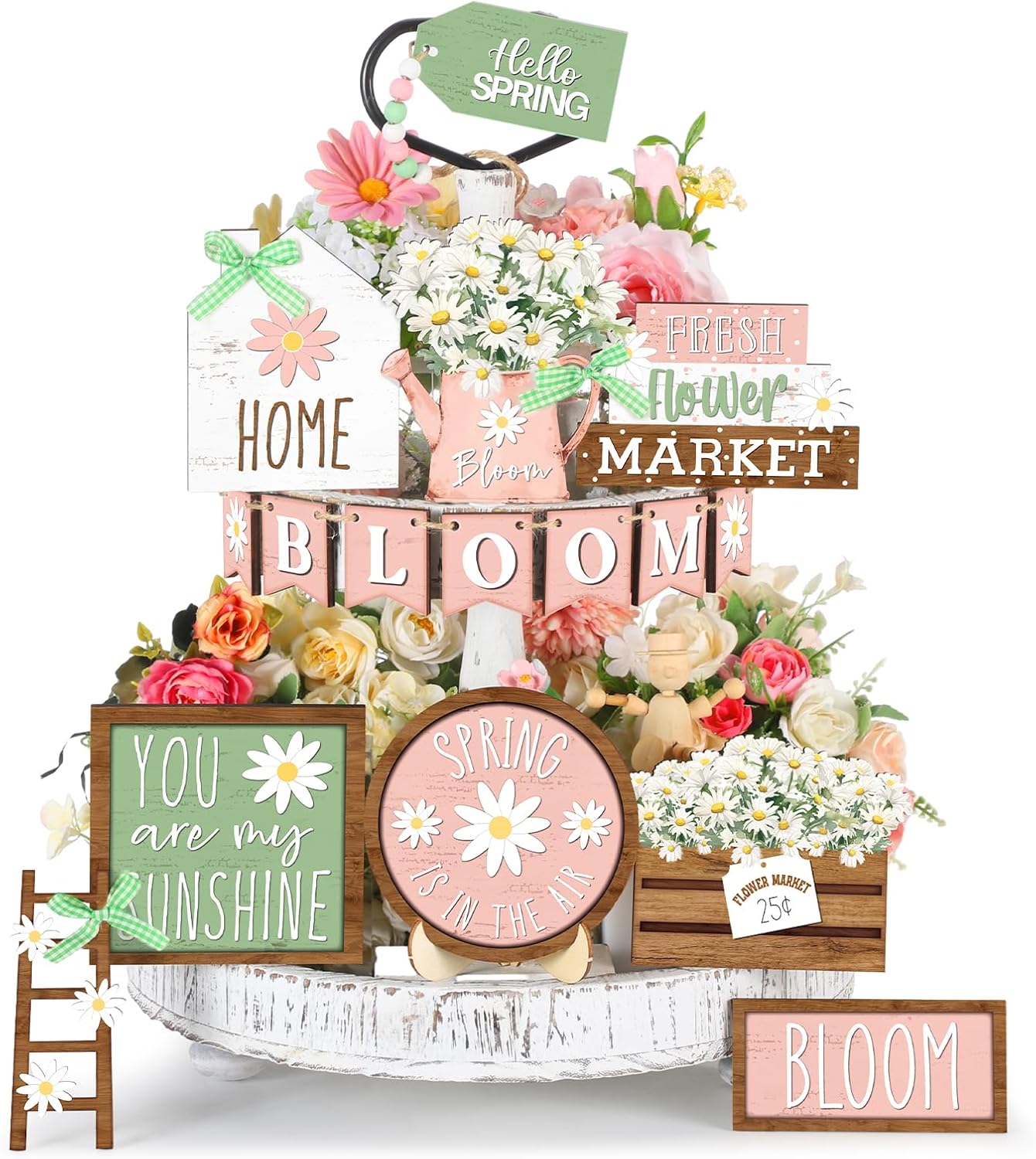 16-Piece Spring Daisy Tiered Tray Decor Set – Farmhouse Wooden Flower Signs, Rustic Floral Table Centerpieces for Home, Kitchen, Shelf, and Tabletop
